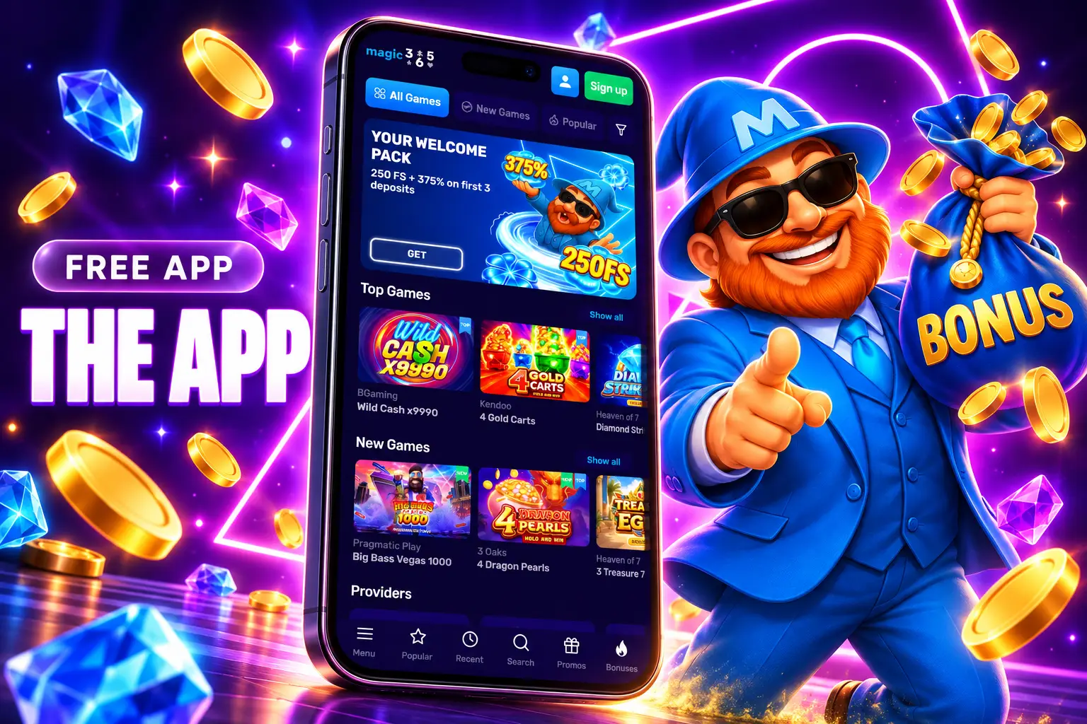 magic365 mobile app on Android with lobby, promos and cashier