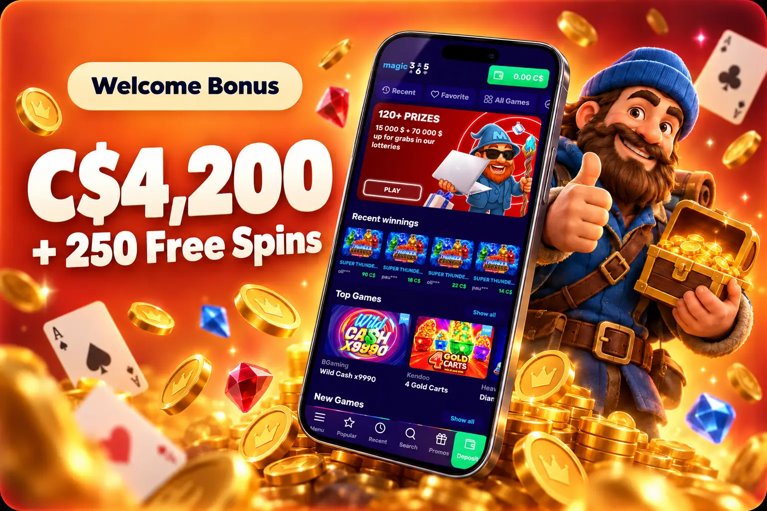 magic365 welcome bonus of C$4,200 and 250 free spins for Canadian players