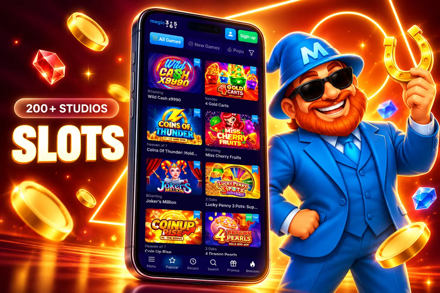 Slot machine lobby with game tiles and RTP labels